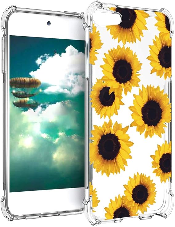 for iPod Touch 7 Case, Touch 6 Case with Flowers, Shockproof Clear Floral Soft Flexible TPU Slim Phone Cover for iPod Touch 5/6/7th Generation Sunflower