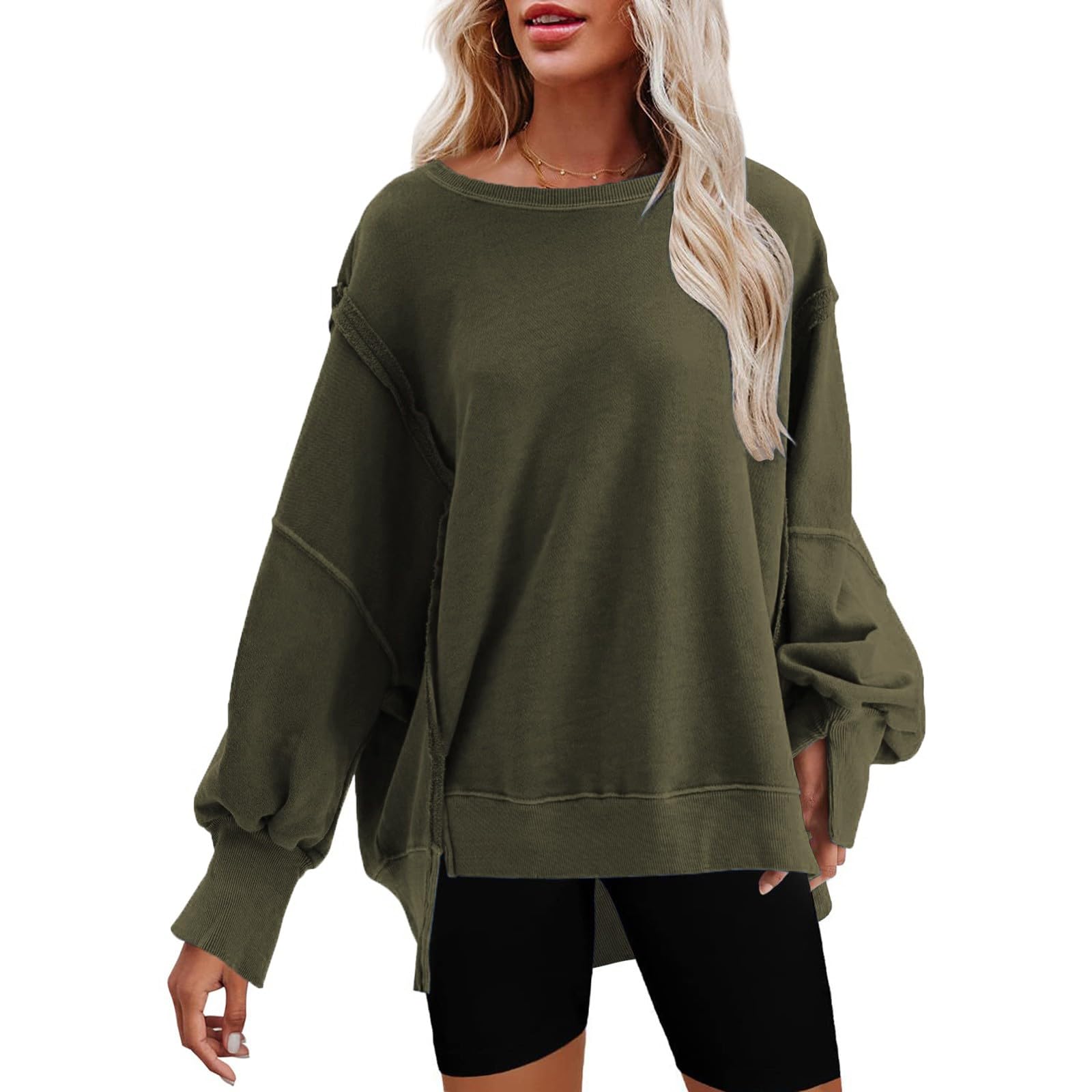 Générique Sweat sans Capuch Femme Surdimensionné Manche Longue Col Rond Côtelé Fente Latérale Sweats avec Épaule Tombantes Chic et Élégant Couleur Unie Haut Tunique Automne Hiver Chaud Pullover Gym