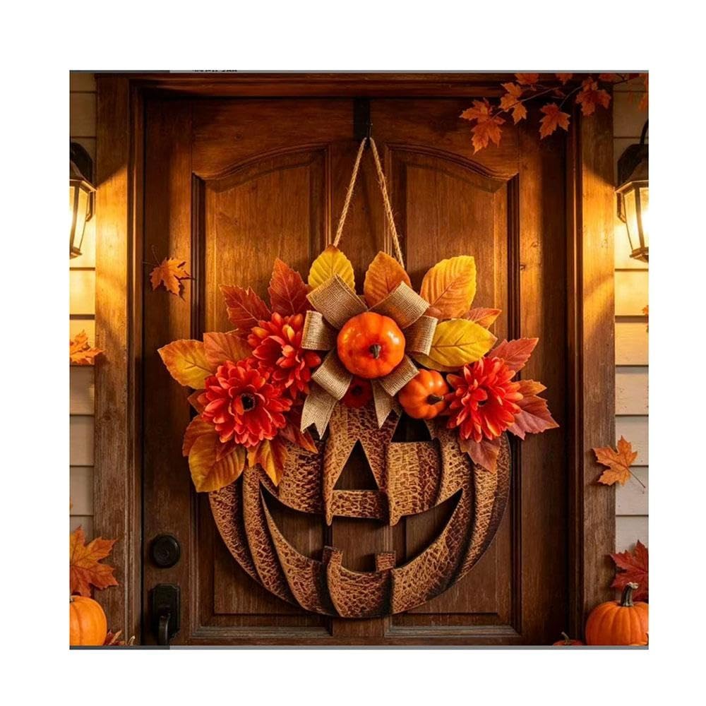 Dekoracja drzwi z dyni Halloween podświetlana, dekoracja jesienna