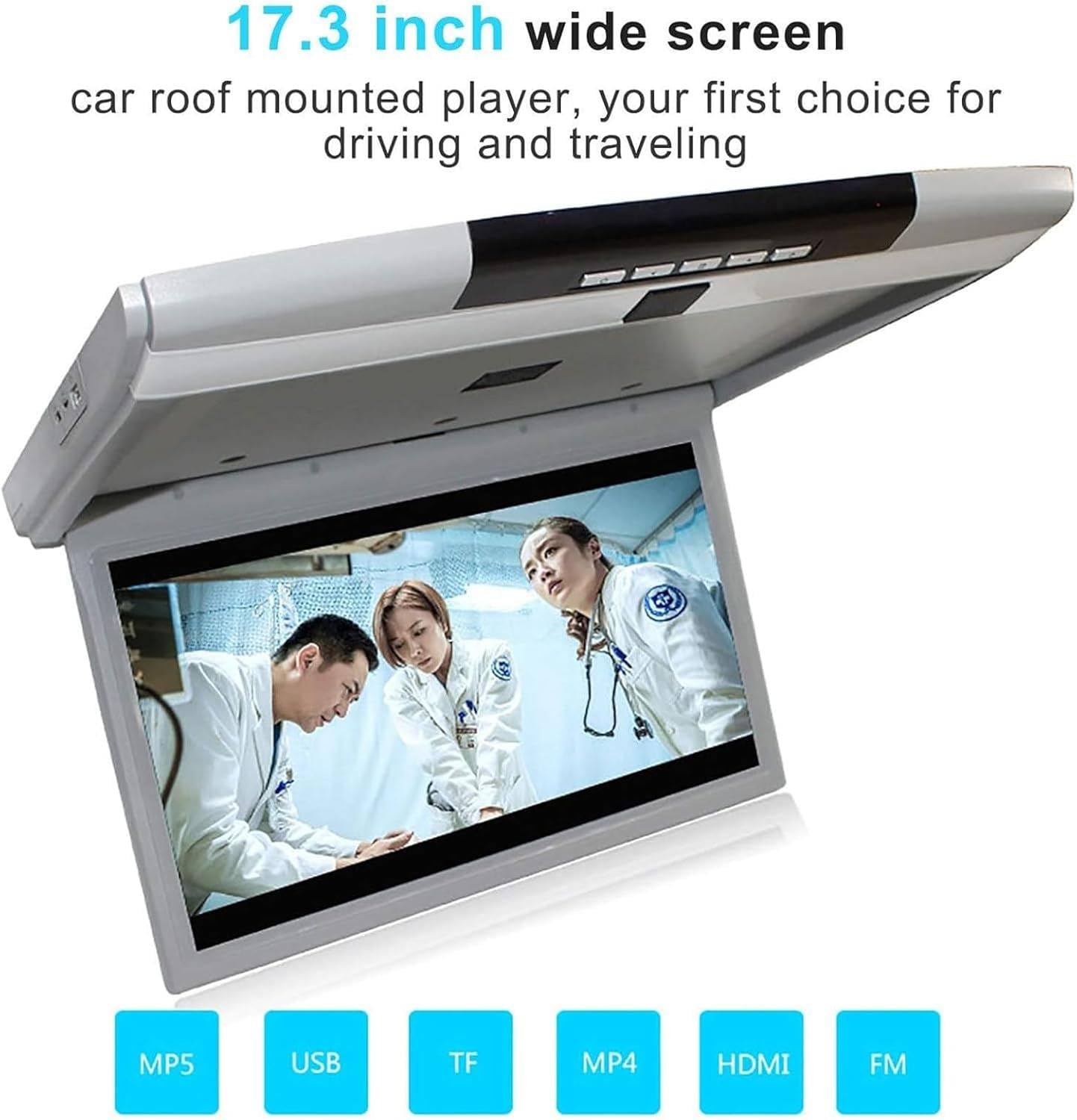 Reproductor de Techo para Automóvil, Montaje en el Techo Monitor Abatible hacia Abajo, 17.3In IPS 1080P WiFi Bluetooth Monitor de Automóvil Abatible hacia Abajo Soporte Android Hdmi AV FM USB,Black