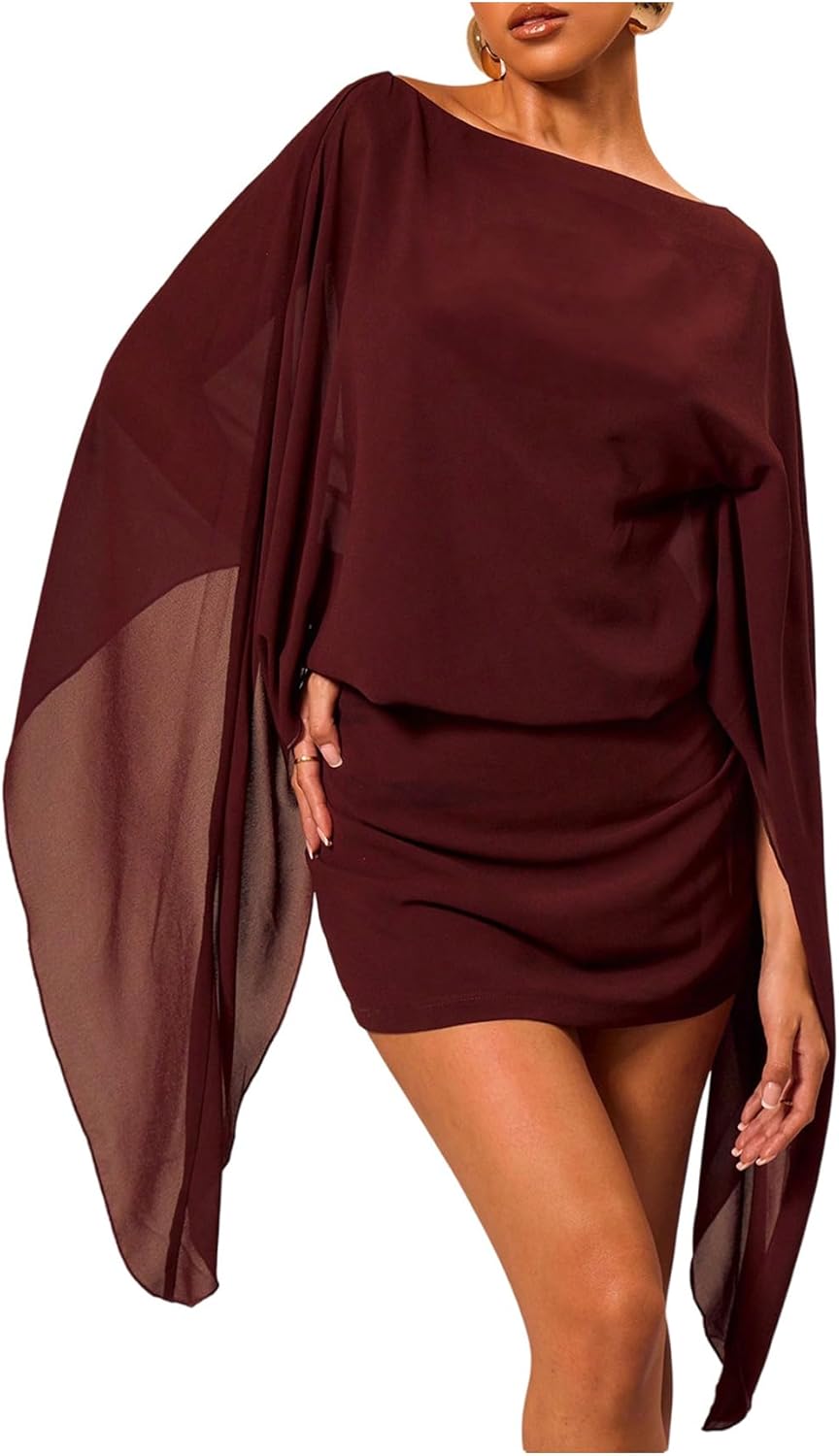 Floerns Women's Mesh Elegant Mini Dresses Boat Neck Cape Sleeve Cocktail Party Dress