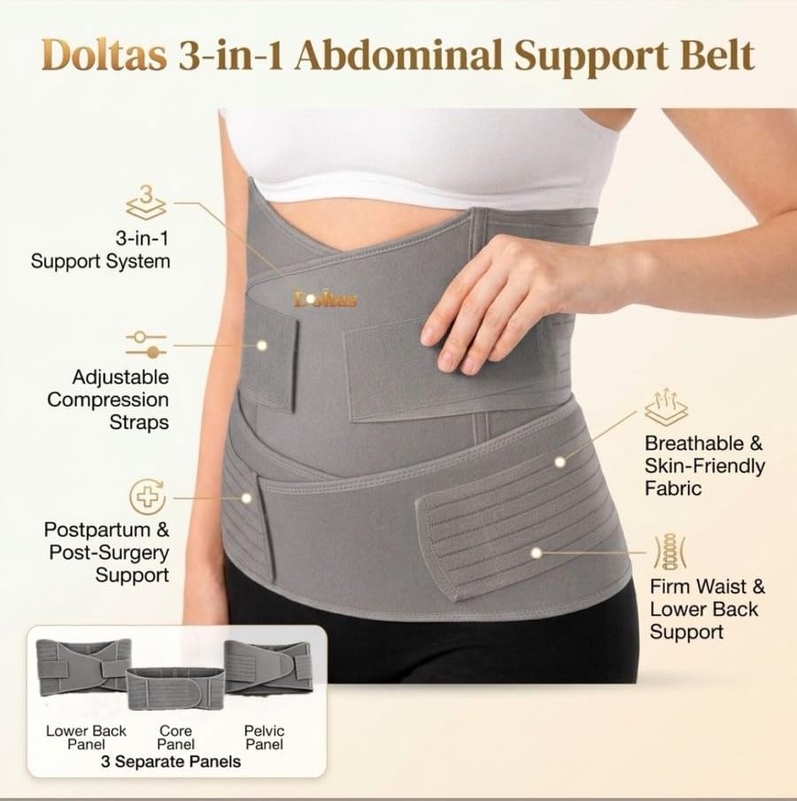 Image of DOLTAS 3-in-1 Post Pregnancy Abdominal Belt for Women - C-Section Abdomen Belt & Belly Wrap for After Delivery Recovery - Adjustable Postpartum Belt, Maternity Belt for Waist, Pelvis & Tummy Support (Free Size) (GREY)