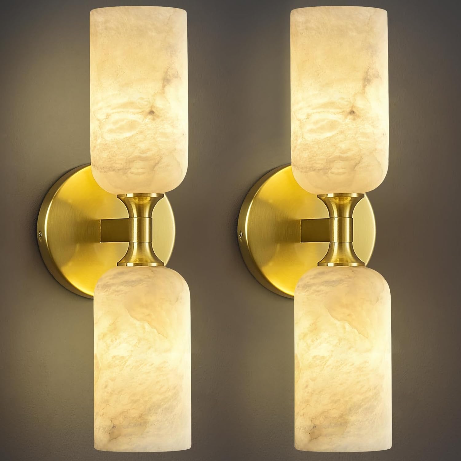 LMQNINE Natural Alabaster Wall Sconces Set of Two Modern Black Wall Lamp14in Milky White Alabaster Vanity Wall Lighting for Bedroom Bathroom Staircases Hallway（Included G9 Bulb）