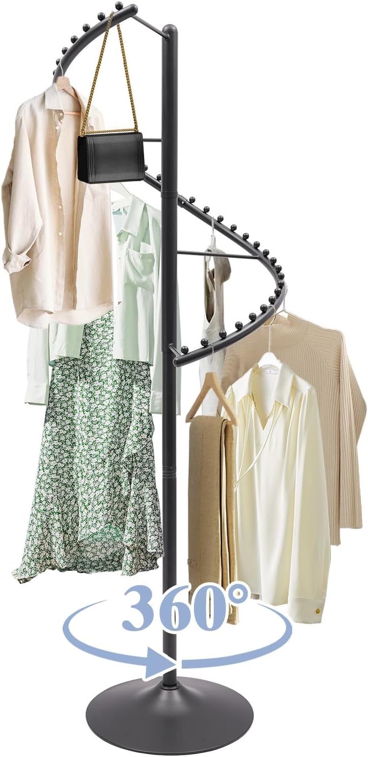 YUMIONB Spiral Rotating Clothing Rack, Artistical Round Clothes Racks with Spherical Hooks Standing Metal Freestanding Hanger Display Rack Portable Garment Racks for Laundry Rooms, Commercial (Black)