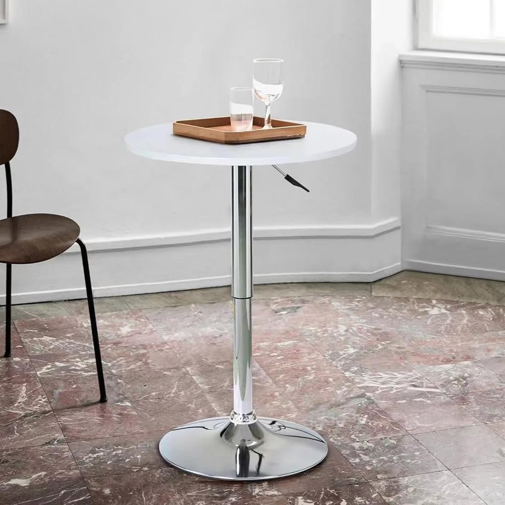 BAKAJI Tavolo da Bar Girevole Rotondo con Altezza Regolabile da 70 a 91 cm, Tavolino Alto Tondo per Ristoranti con Diametro Piano 60 cm, Struttura in Metallo Cromato Ideale per Soggiorno, Bianco