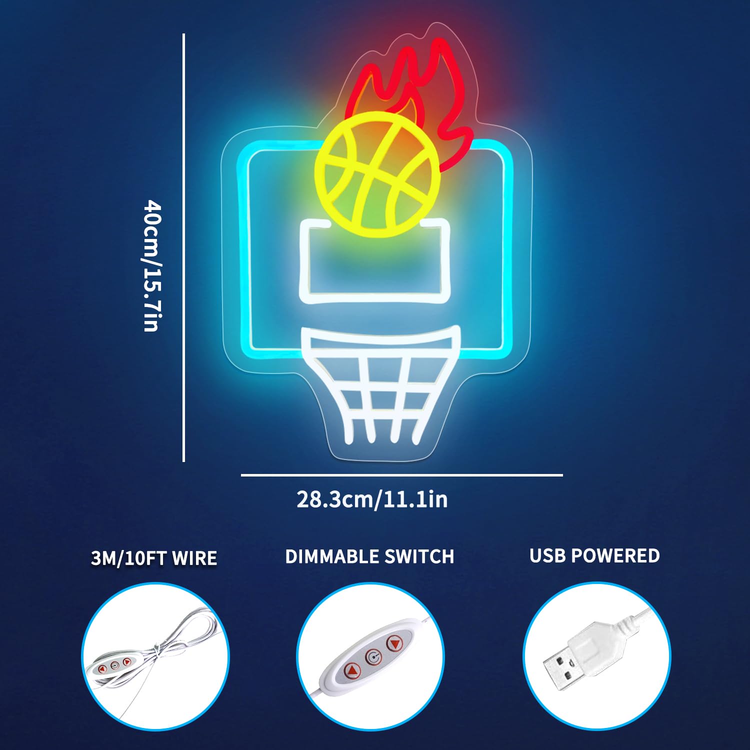 Letrero de neón de baloncesto, letreros de neón LED regulables para decoración de pared, letrero de neón LED deportivo alimentado por USB, letreros de neón de baloncesto para decoración de