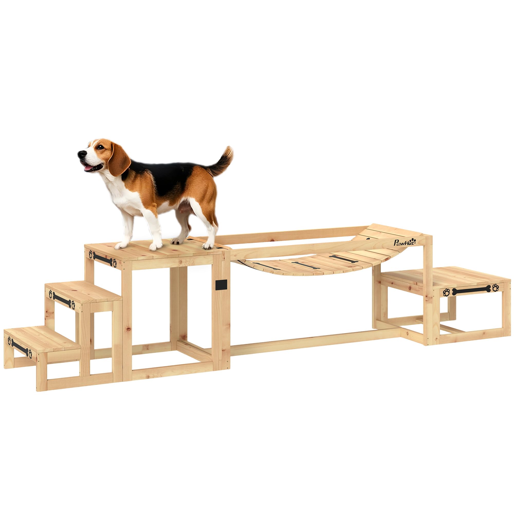 PawHut Attrezzatura Agilità Cani 3 Pezzi Set Legno Naturale | Ponte Morbido, Piattaforma Pausa, Scala per Animali da Esterno