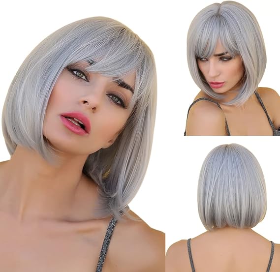 VAIRETY Gray Bob Wig With Bangs, 12 inch Short Straight Grey Wigs for Women Synthetic Wavy Wigs