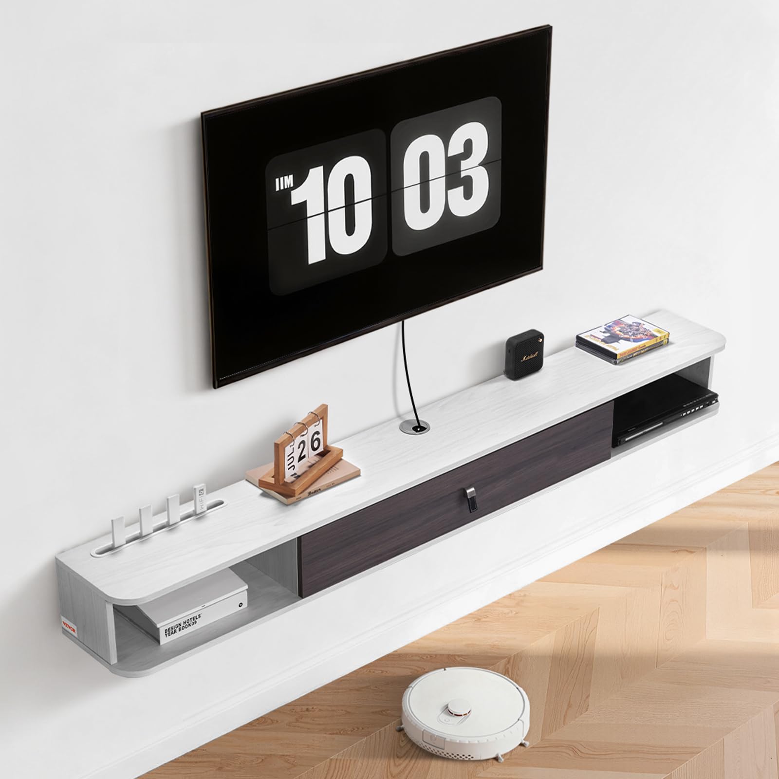 VEVOR Mobile TV Sospeso a Parete con Foro per Cavi, Mensola TV Galleggiante con Spazio di Archiviazione, per Lettore DVD, Console di Gioco, Capacità 52 kg, Bianco, 1800 x 236 x 160 mm