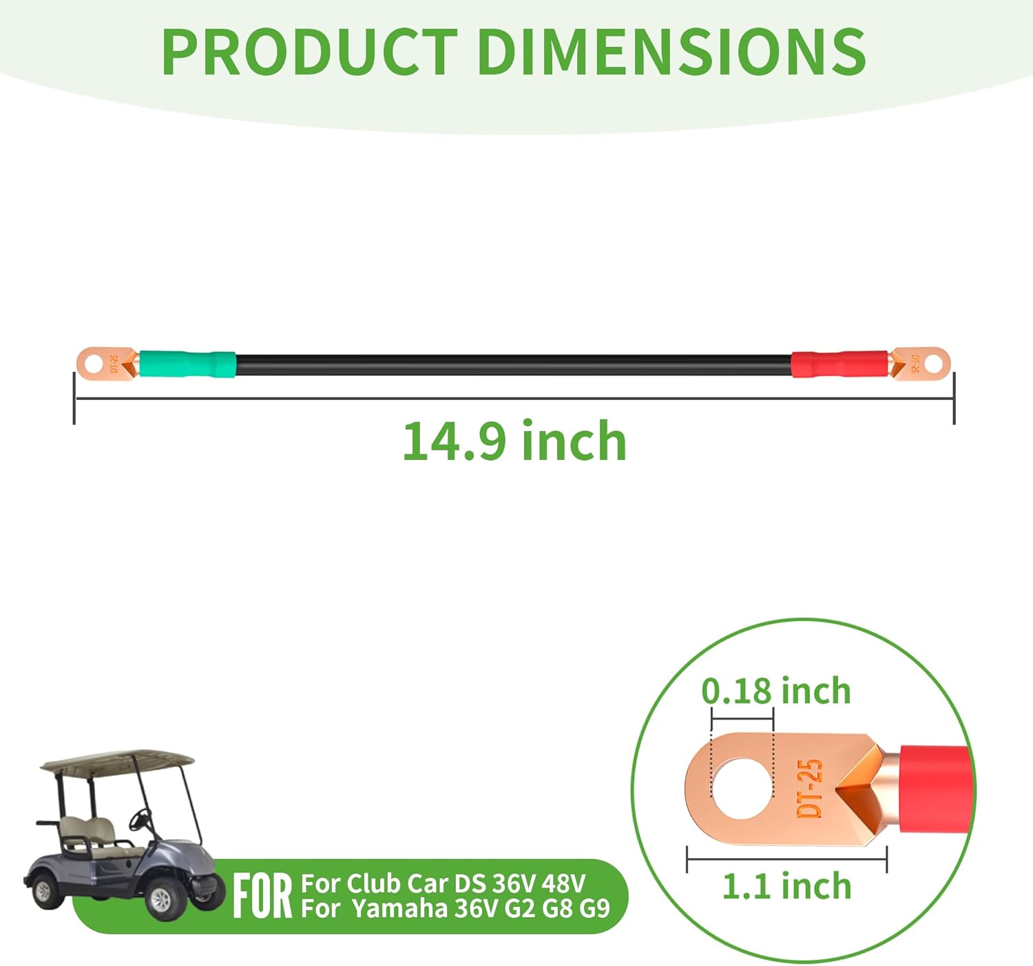 10L0L Golf Cart Battery Cables for Yamaha G2 G8 G9 (36V), Club Car DS 1995-up (48V), Club Car DS 1981-up (36V), 14" Long 4 Gauge Battery Wires with Terminal Connector