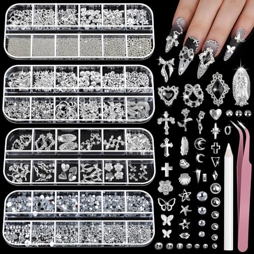 Teenitor Silver Nail Charms and Gems Kit 4 Boxes Nail Gems Silver Rhinestones for Nails 3D Y2K Accessories Nail Decor Cross Charms for Nails Design Star Caviar Beads for Nails Art