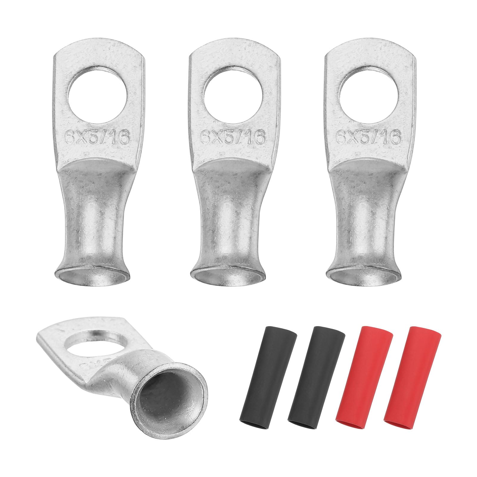 sourcing map 4pcs 4 AWG M8 Battery Lugs Ring Terminals, 5/16" 8mm Stud Crimp Wire Terminal Connector End Copper, 3:1 Heat Shrink Tubing, Silver