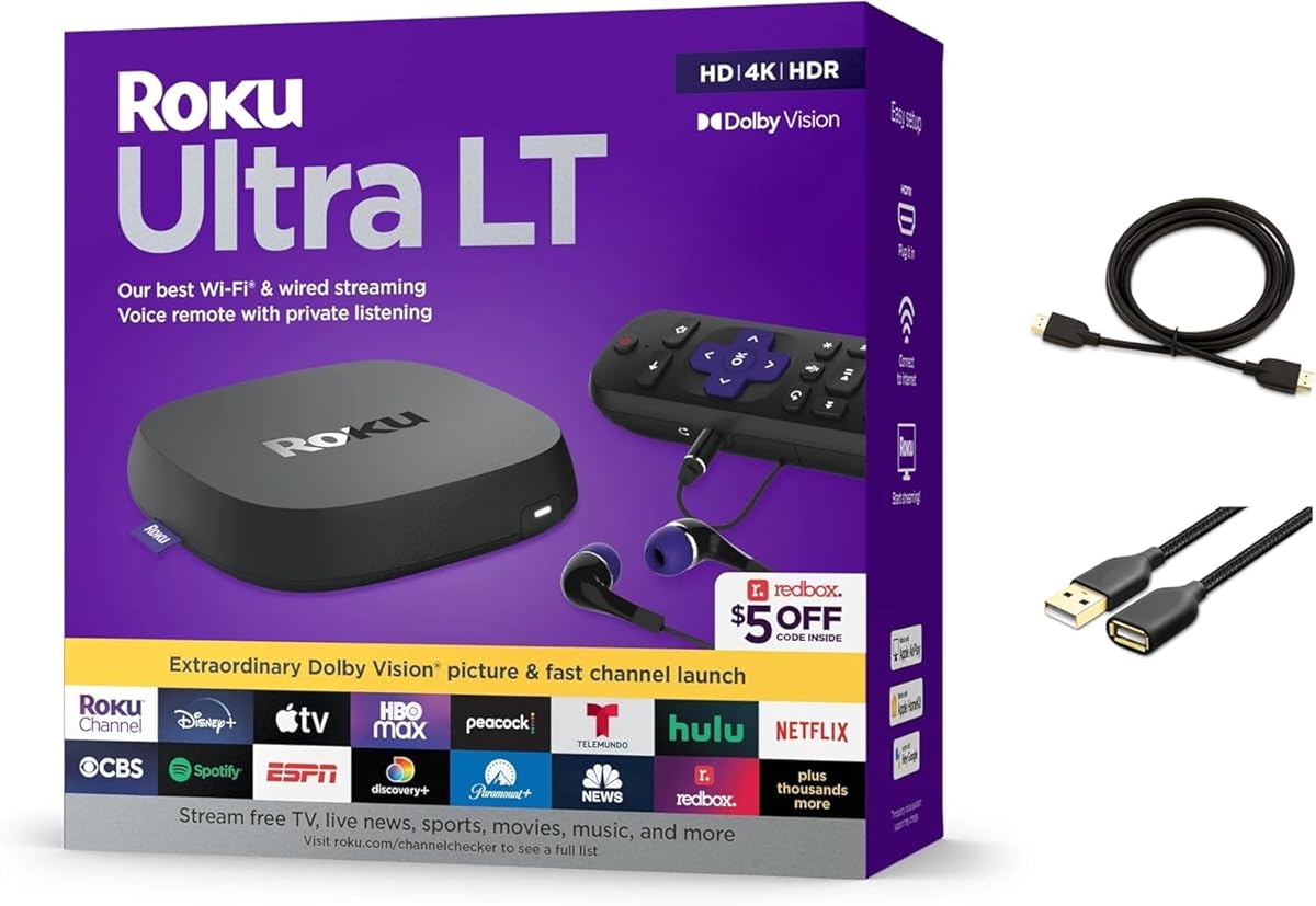 Roku Ultra LT Streaming Device 4K/HDR/Dolby Vision/Dual-Band Wi-Fi with Roku Voice Remote and HDMI Cable, with USB Extension Cord and HDMI : Electronics
