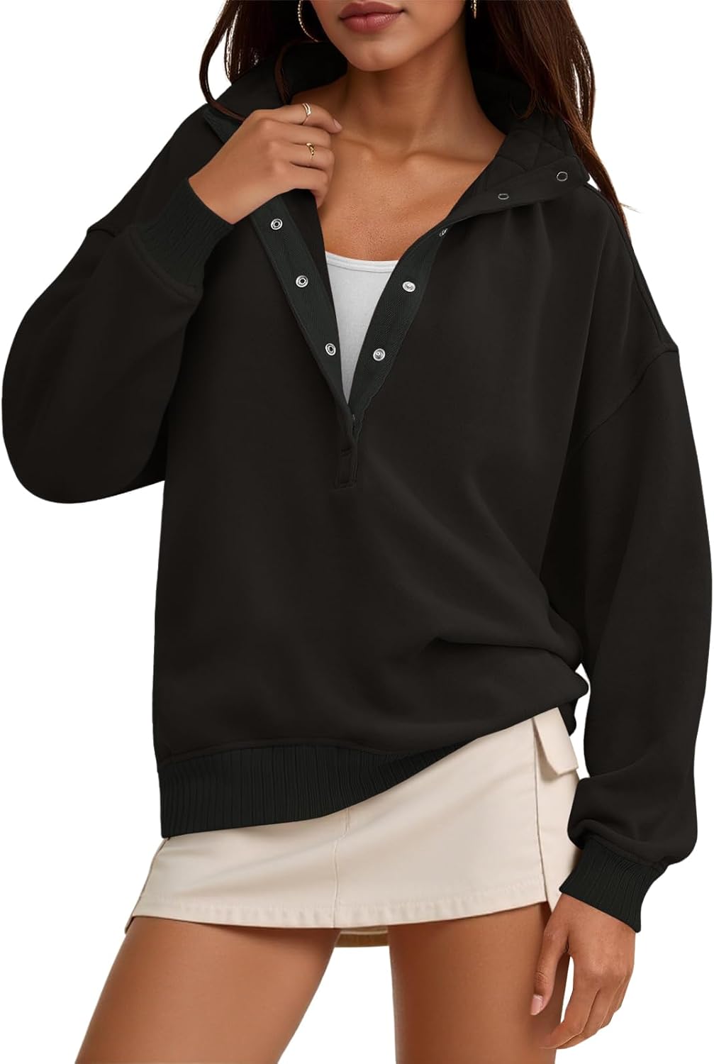 Fisoew Womens Oversized Sweatshirts Casual Long Sleeve Snap Button Henley Neck Loose Fit Fall Pullover Tops