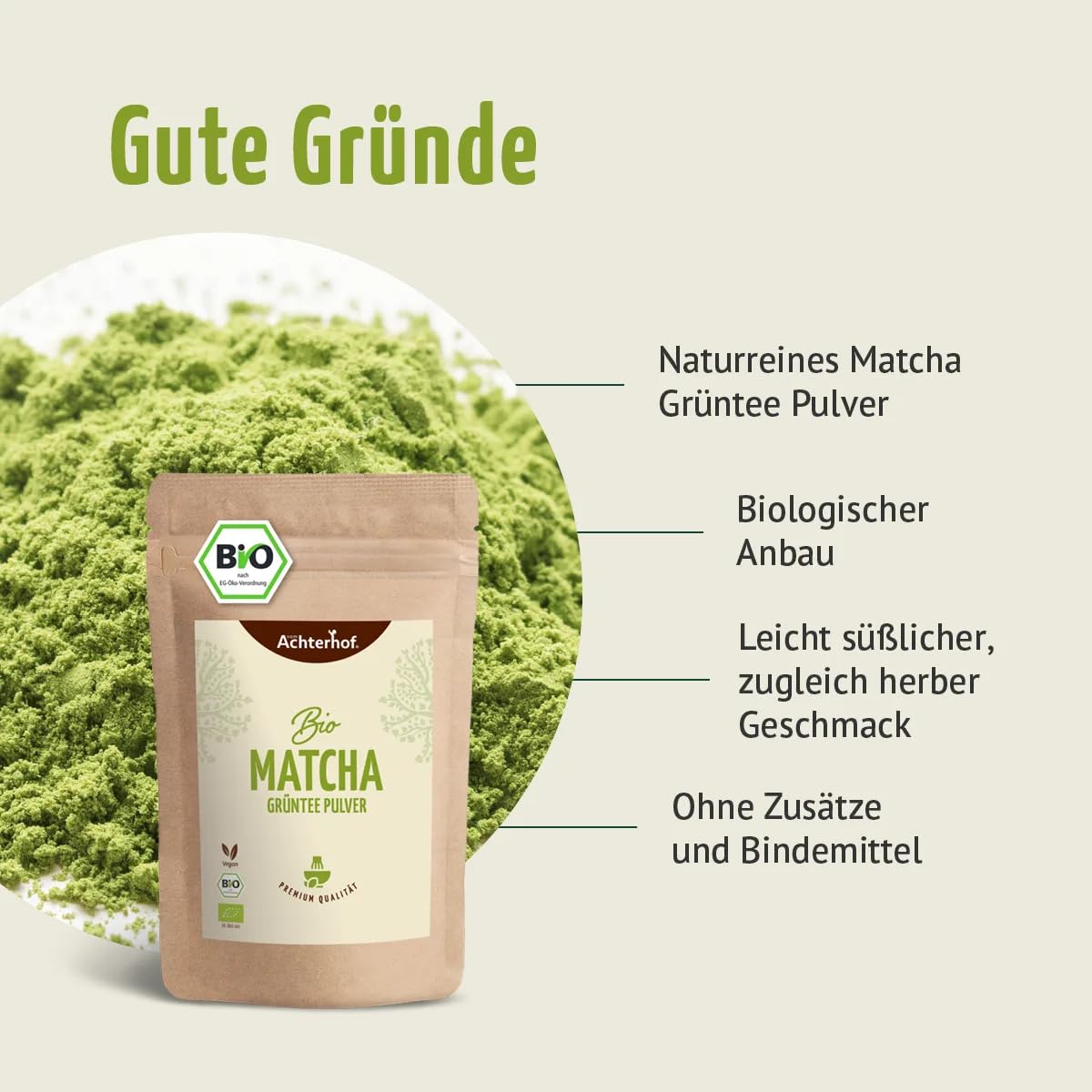 Bio Matcha Grüntee Pulver 250g für Latte oder Tee | Naturrein und Vegan | vom Achterhof