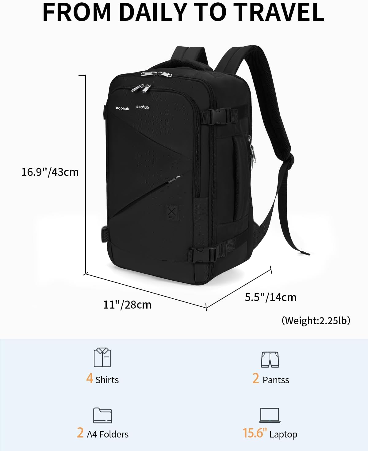ECOHUB 17" Small Unisex Travel Backpack United Airline Approved 17x10x9 Friendly Suitcase Anti-Theft Lockable Zippers Style Personal Item Bag Travel Essentials with 12 Pockets Water Resistant, Black - Image 6