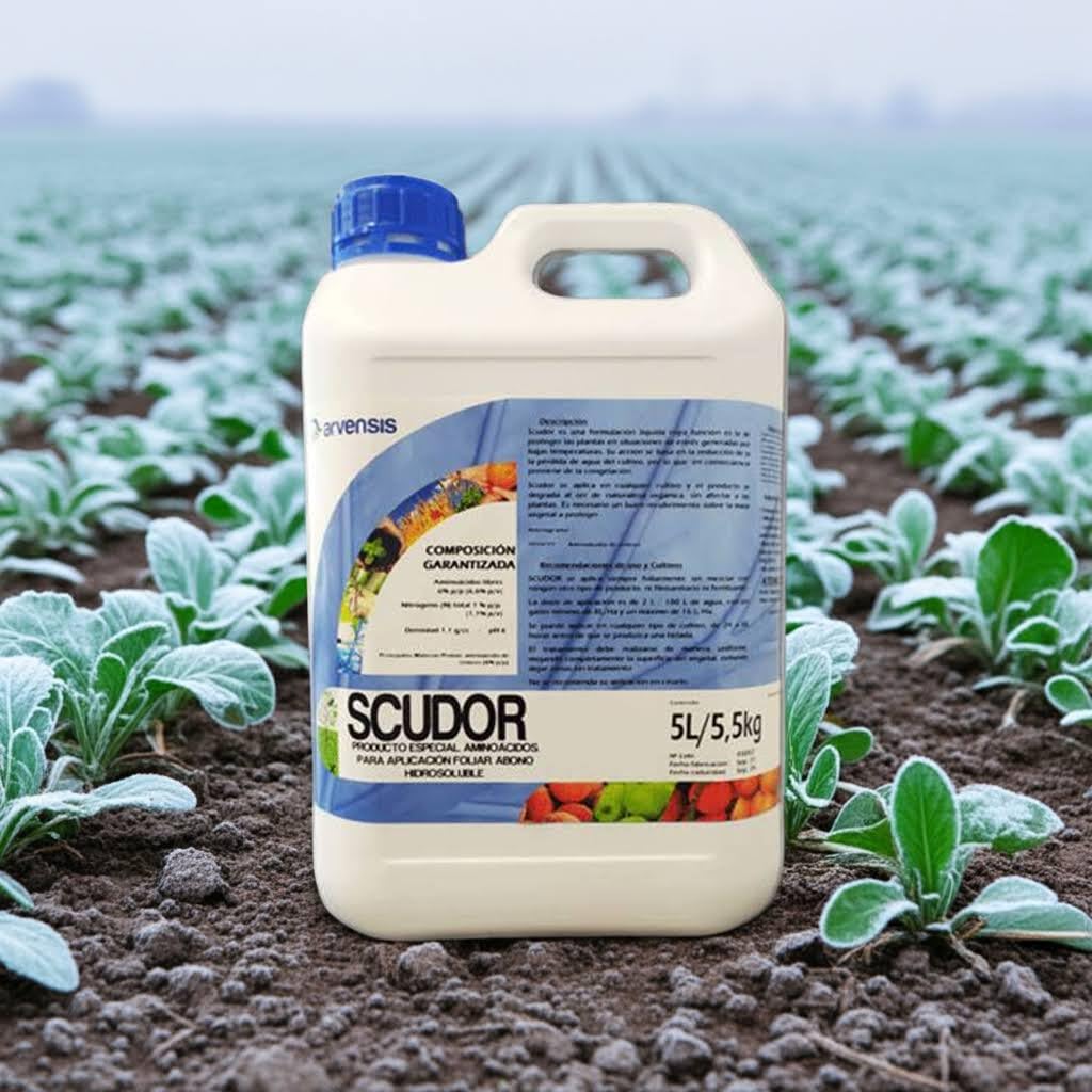 Protector Antiheladas para agricultura SCUDOR Fertilizante Líquido para Plantas, Protección contra Bajas Temperaturas y Congelación Arvensis.