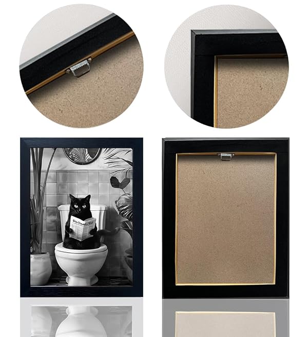 Black and White Bathroom Wall Decor Funny Black Cat Sitting on Toilet Reading Newspaper Humorous Bathroom Wall Art Small Framed Animal Canvas Print Artwork by Boswaydeco - Used condition - Image 3