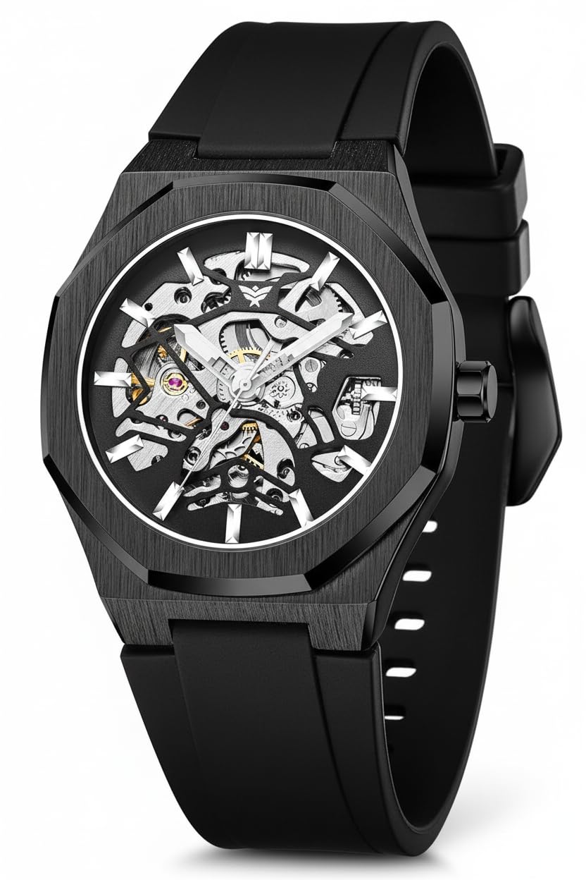 ALTURA Onyx Skeleton Automatic Men’s Watch – Octagonal Case, Self-Winding Mechanical Movement, Silicone Strap