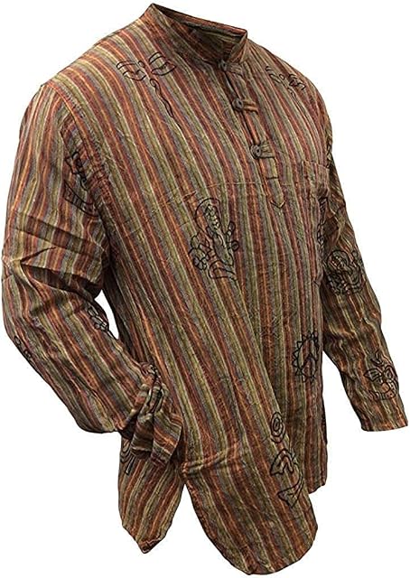 SHOPOHOLIC FASHION Stonewash Stripes Light Weight Comfy Long Sleeves Traditional Grandad Shirt,Hippy Boho, M, Orange Mix