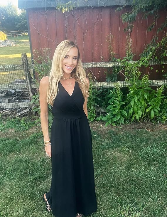 AUSELILY Vestido Largo Verano Mujer Elegante Sin Mangas Cuello en V Dress | Se puede llevar como vestido de noche, con bolsillos, invitada boda, graduacion, casual, maxi