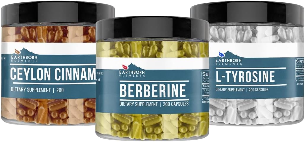 Earthborn Elements Berberine, Ceylon Cinnamon, & L-Tyrosine Capsule Bundle (200 Capsules Each), Pure & Undiluted, No Additives