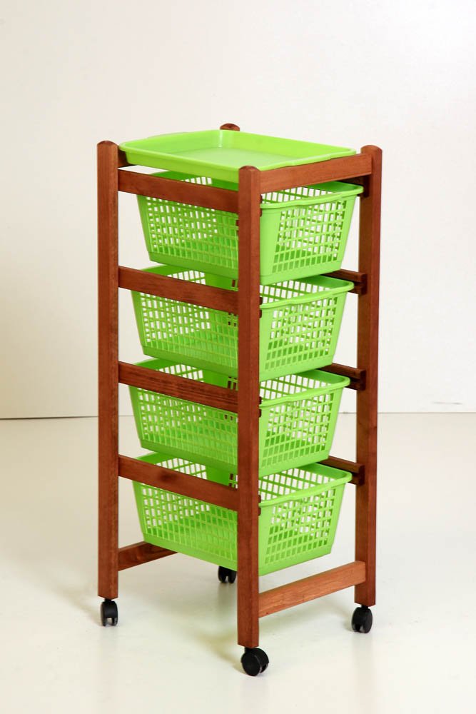 BAKAJI Carrello Portafrutta Jolly in Legno Massello Ciliegio 4 Ruote Cestelli Plastica