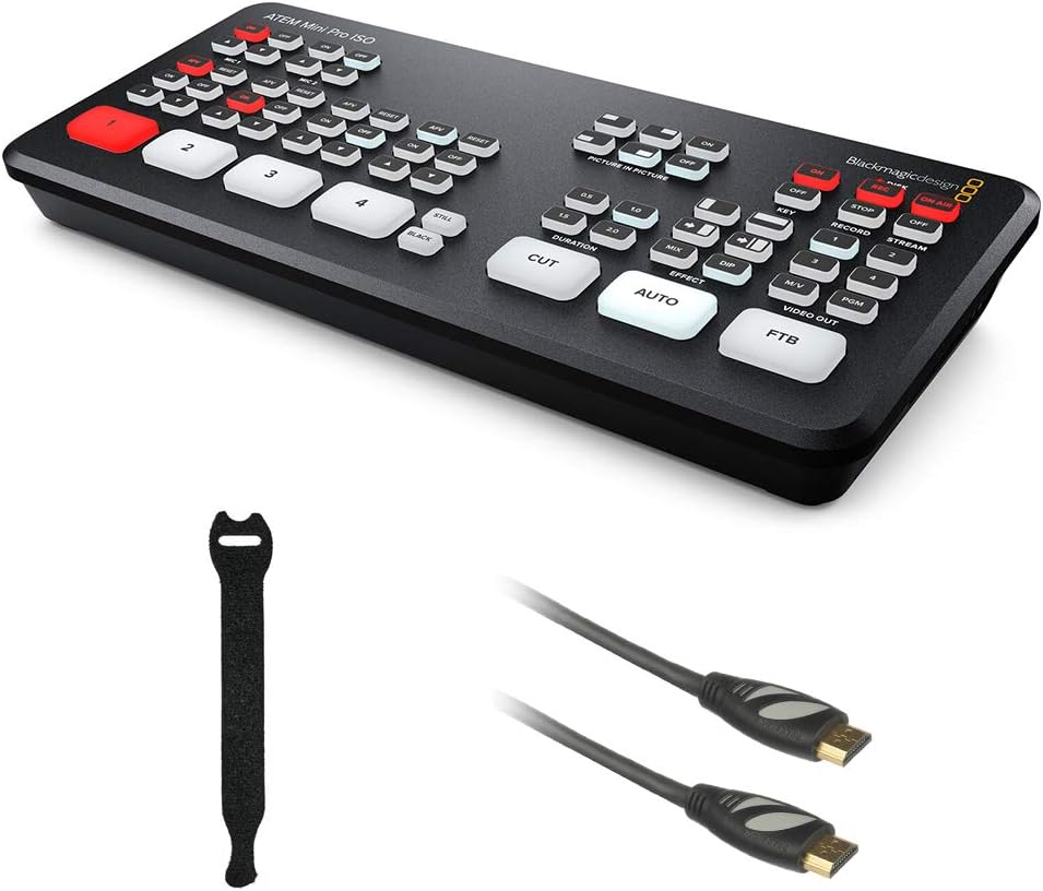 ATEM Mini Pro ISO HDMI Livestream Switcher with High-Speed 6' HDMI Cable & 10-Pack Straps Bundle