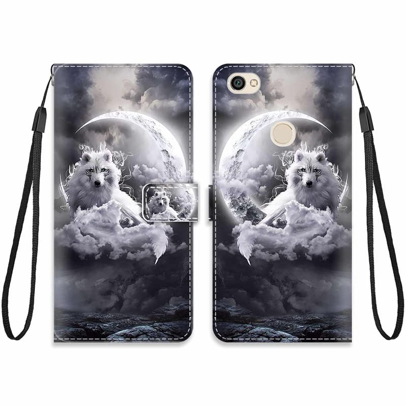 KARTXITAI Funda Compatible con Xiaomi Redmi Note 5A / Note 5A Prime,PU Carcasa Libro con Flip Case en Cuero Antigolpes Cover con Dibujos Ranura Tarjeta Soporte Cartera-Lobo Lunar,Nube,Cielo,mar