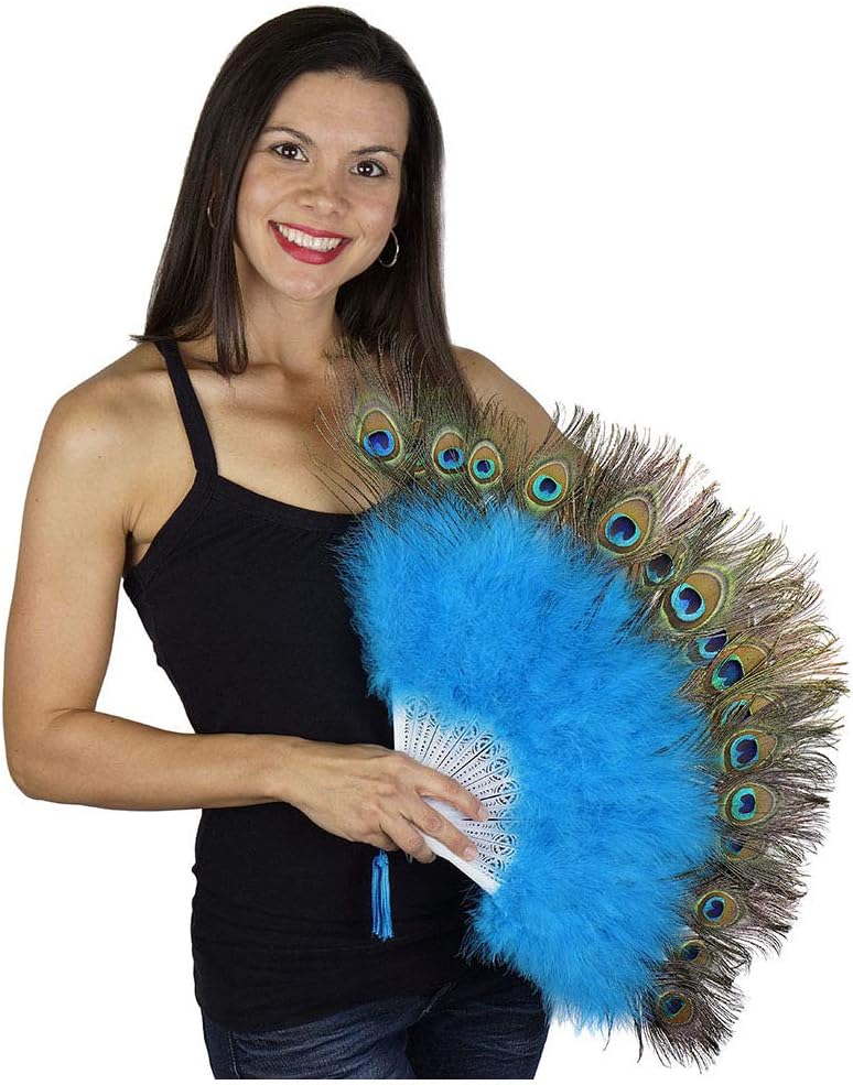 ZUCKER Feathers - Marabou Peacock Feather Fan - Folding Flapper Fan - Fun Accessory for Dances, Weddings, Halloween, New Year’s Eve, and Parties - Dark Turquoise