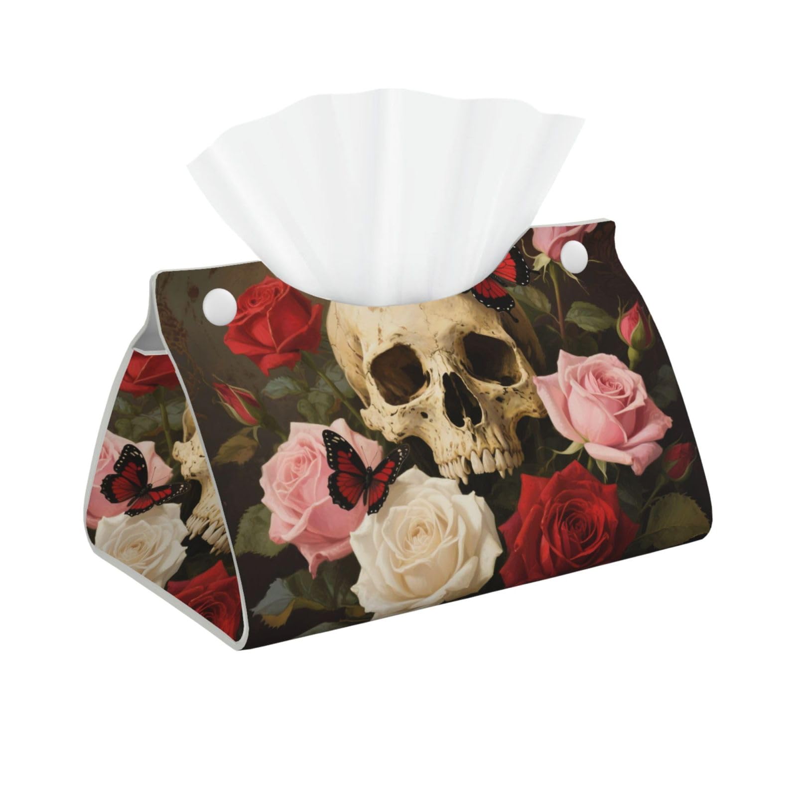 Pu Leather Tissue Box Cover, Rose Skull Rectangle Tissue Case Covers Decorative Tissue Box Holder Waterproof Tissue Holder Organizer for Bathroom Home Office