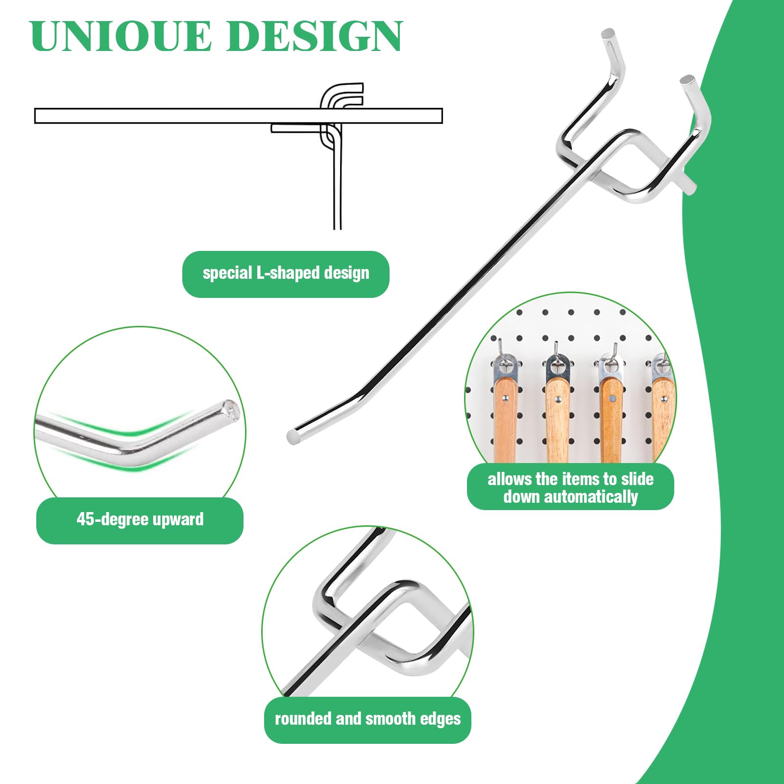 Juego de 50 ganchos para tablero de clavijas de 10 cm, ganchos de metal con paso de agujero de 2,5 mm, alambre de 4 mm de diámetro, gancho para colgar en la pared (plateado)