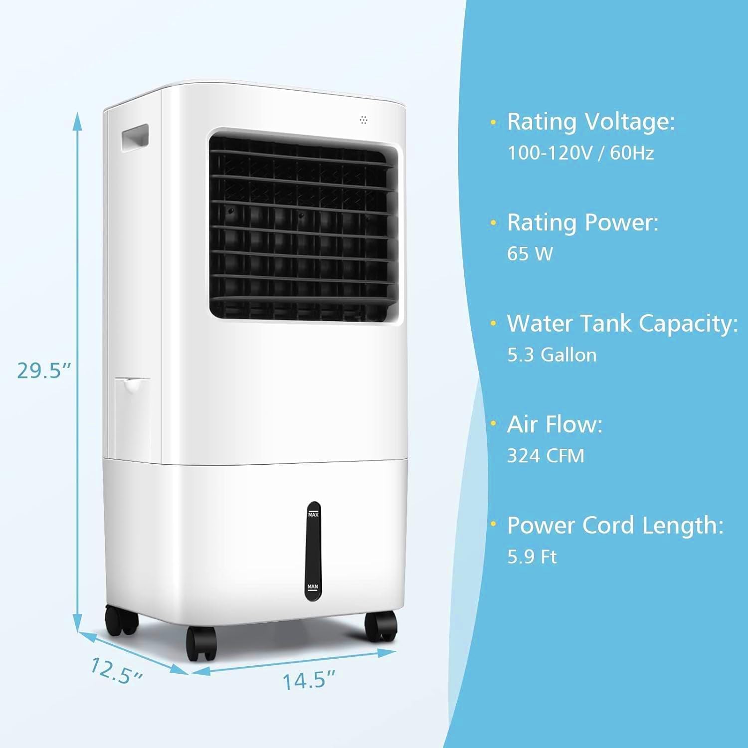 Dimensions and electrical specifications of the COSTWAY Evaporative Air Cooler