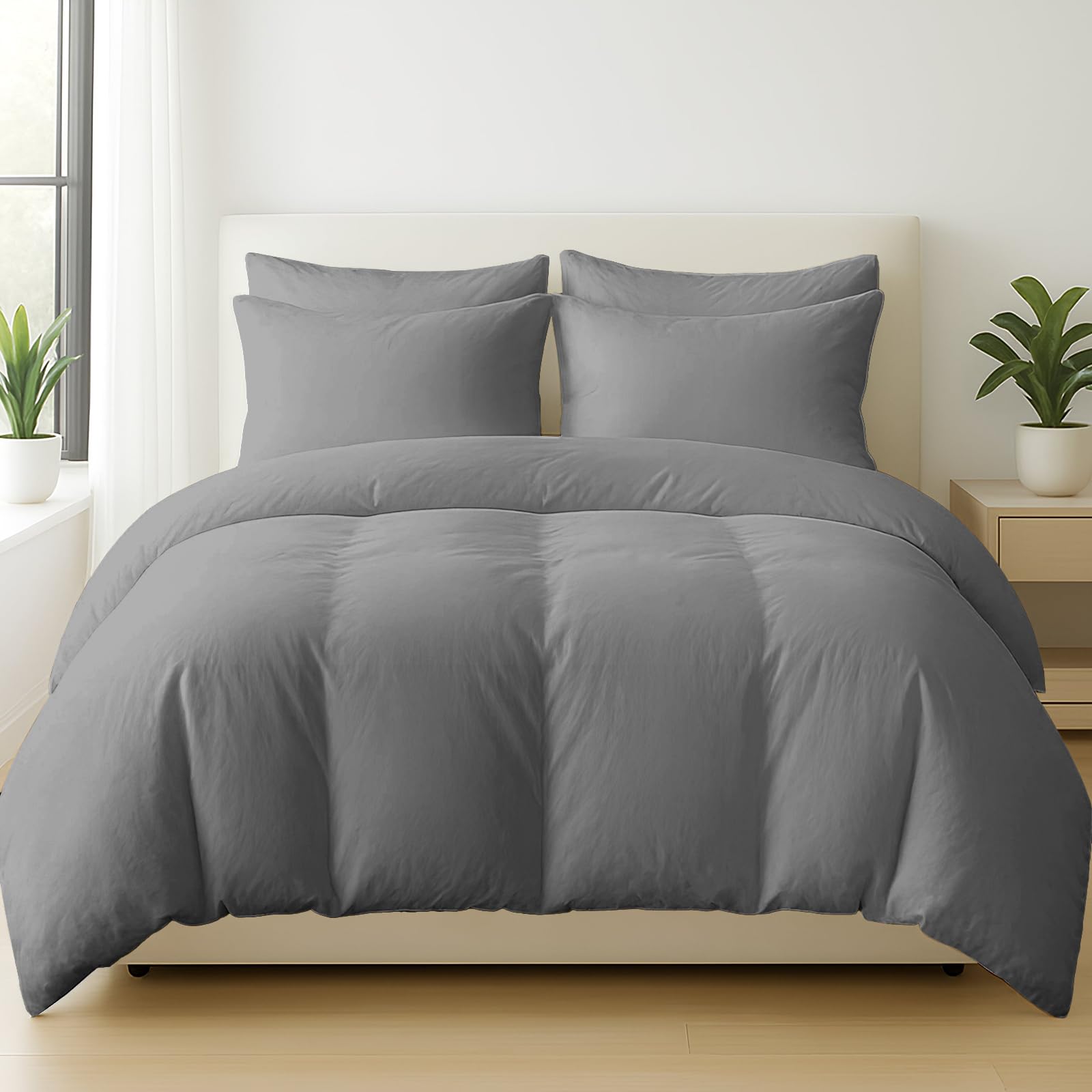 Pamposh Gray 3 Pcs 100% Egyptian Cotton Single Duvet Cover Set With Matching Grey Single Fitted Sheet 35 Cm Extra Deep Pocket - Ultrasoft Premium Cotton 400 Thread Count Bedding Set For All Seasons