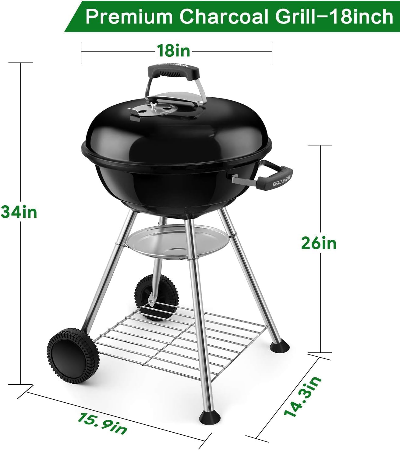 BEAU JARDIN Charcoal Grill 18 Inch for Outdoor Cooking BBQ Barbecue Coal Kettle Bowl Grill Portable Heavy Duty Round with Wheels Grilling for Tailgating Patio Backyard Camping Black