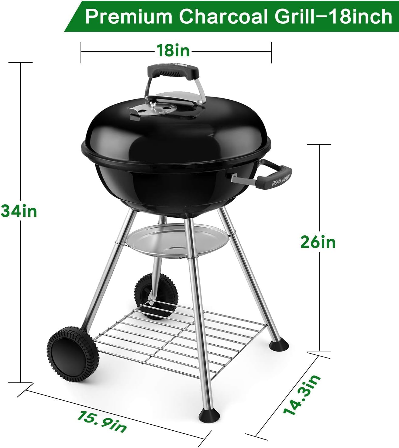 Parrilla de carbón de 18 pulgadas para cocinar al aire libre, barbacoa, hervidor de carbón, parrilla portátil resistente redonda con ruedas, parrilla para portón trasero, campamento, negro 2