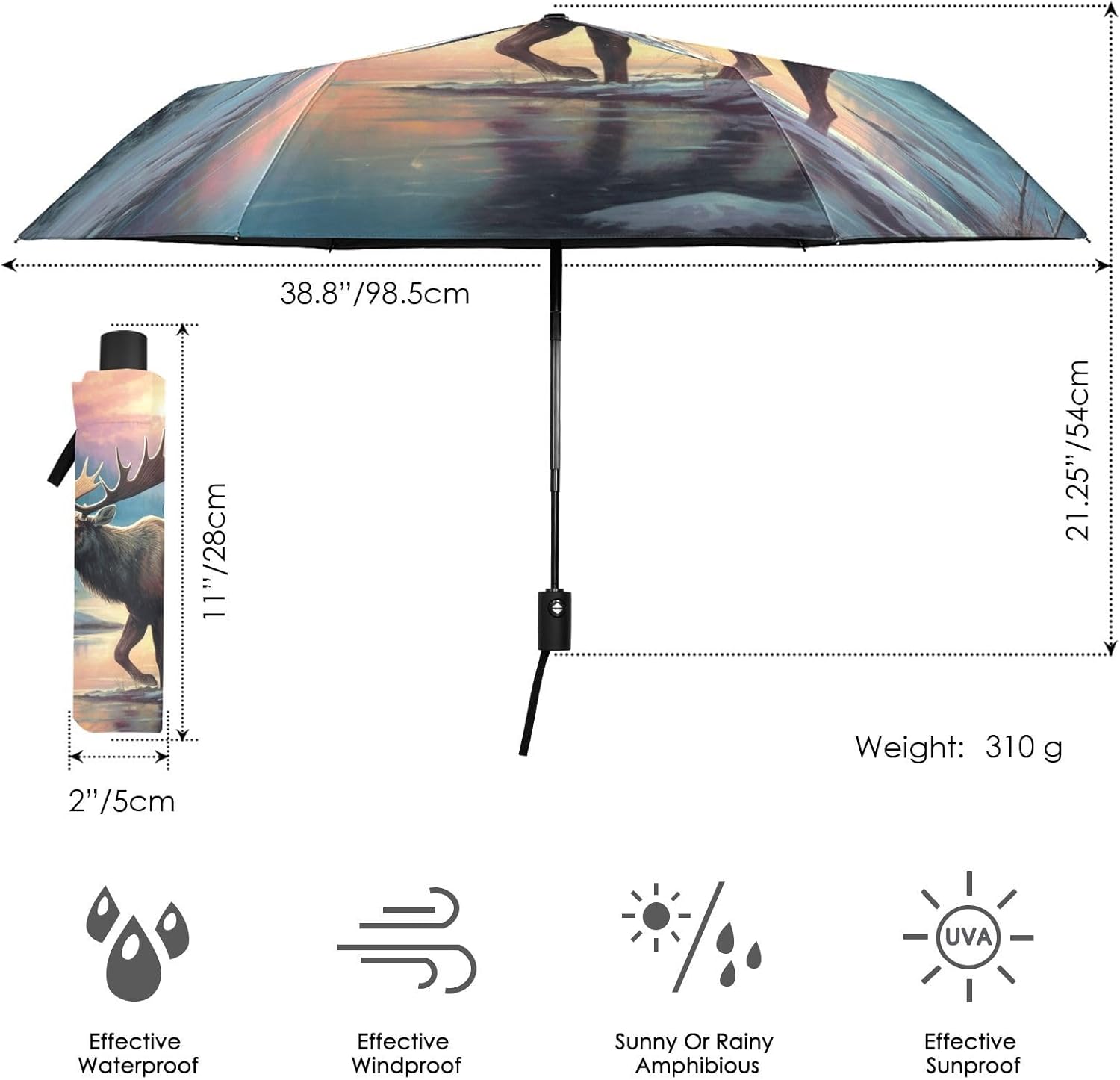 Painting Moose River Umbrella Auto Open Close, Windproof Automatic Travel Umbrella Compact with Case Pouch for Rain UV Protection Portable