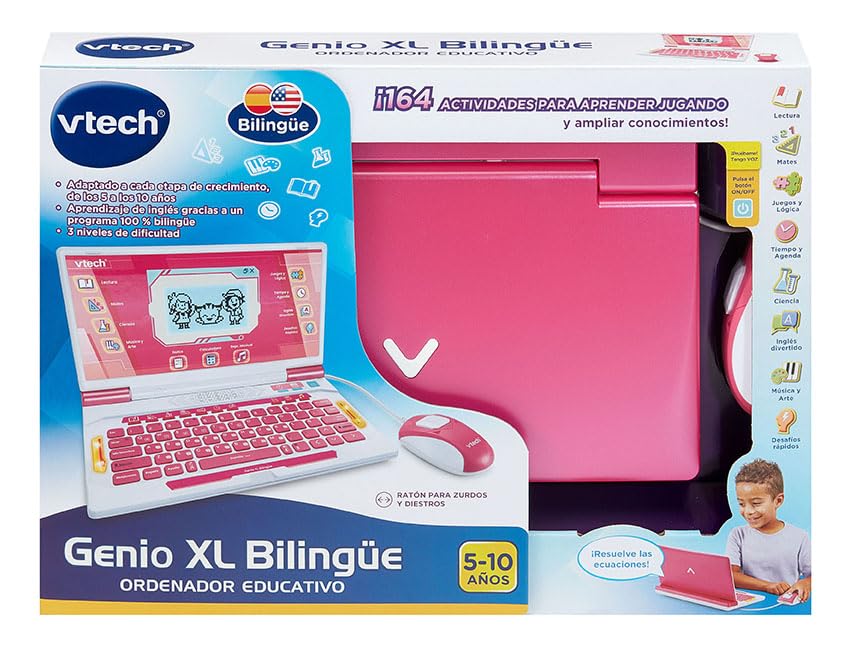 VTech Genio XL Bilingue – Ordinateur Rose, 164 Activités, Clavier QWERTY, Souris, Dès 5 Ans