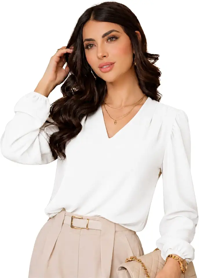 Blusa Social Feminina, Manga Longa Bufante, Gola V, Crepe Duna Air Flow, Estilo Clássico Elegante