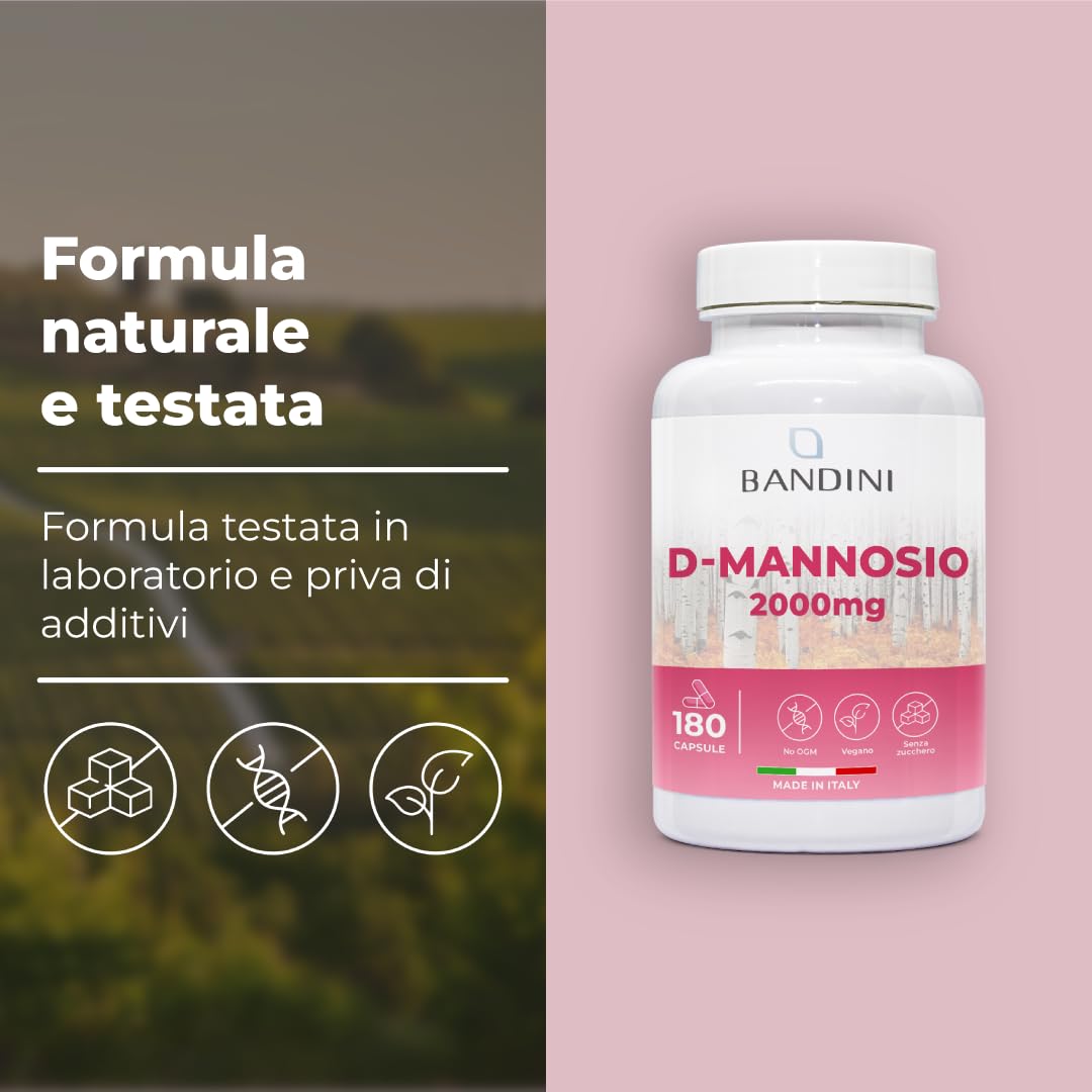 Bandini® D Mannosio per Cistite - 180 Capsule 2.000mg D-Mannosio Puro per Dose Giornaliera - ad Alto Dosaggio - Integratore per Benessere e Supporto Vie Urinarie - Mannosio Puro Cistite - 100% Vegan