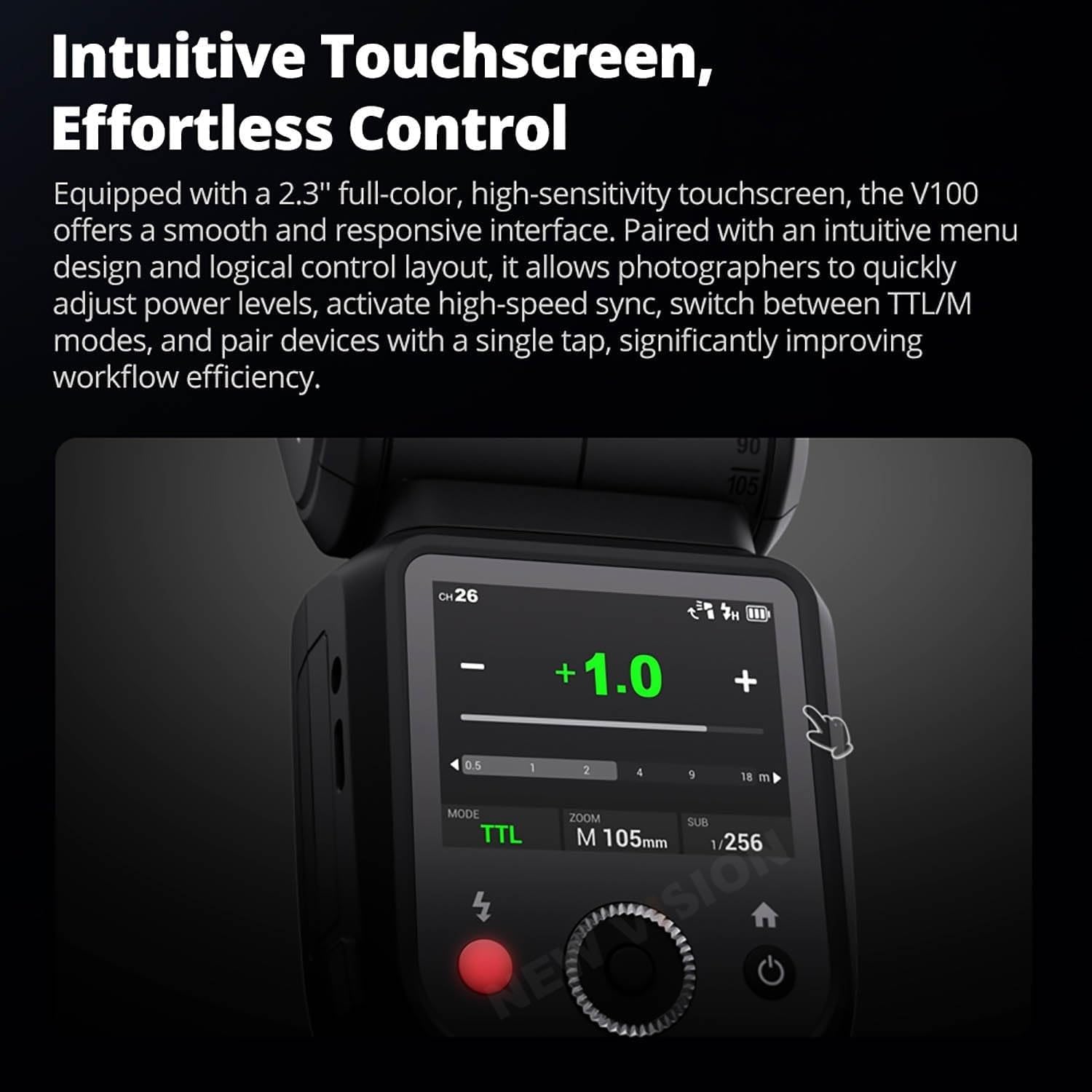 Godox V100 C V100C 100Ws TTL Li-Ionen Rundkopf-Flash, 400 Vollstärke-Blitze, 1,7s Recyclingzeit, SU-1 Sub-Flash,EIN-Tap-Kopplung mit X3,Touchscreen-Flash Kompatibel mit Canon Kameras