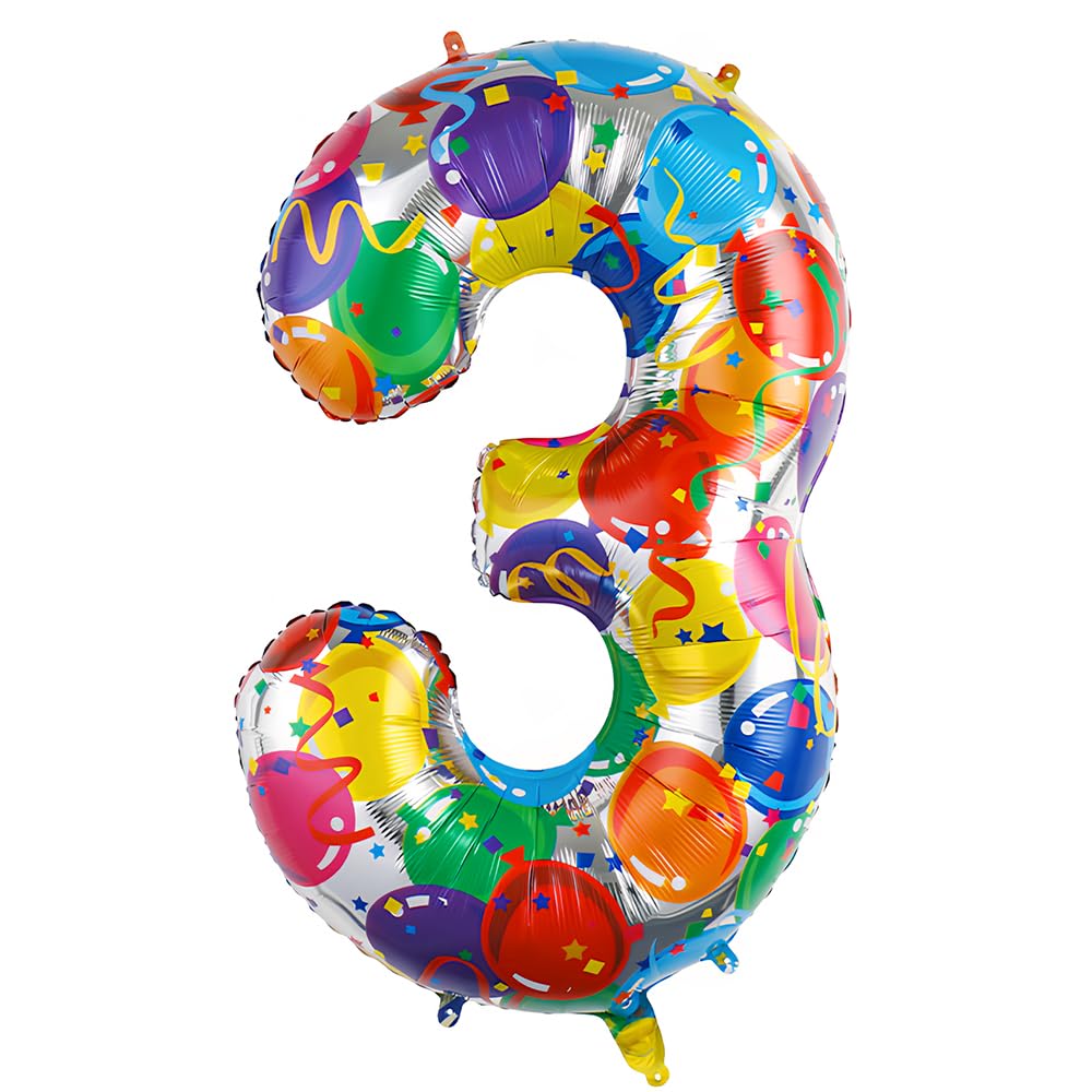 Ponmoo 40 inches Foil Balloons Numbers 3 Multicolour (101cm), Inflatable Helium or Air, Giant Balloon Number 0-9, 10-29, 30-100, Grand Balloons for Anniversary Wedding Birthday Party Decoration
