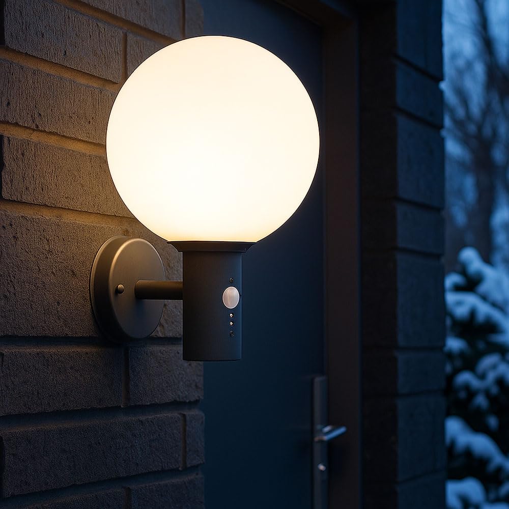 Wandlampe mit Bewegungsmelder Außenleuchte Anthrazit Kugellampe Sensor LED Hauswandleuchte, Glas Edelstahl, App Steuerung CCT, Smart RGB LED 8,5W 806Lm, DxH 25x37 cm