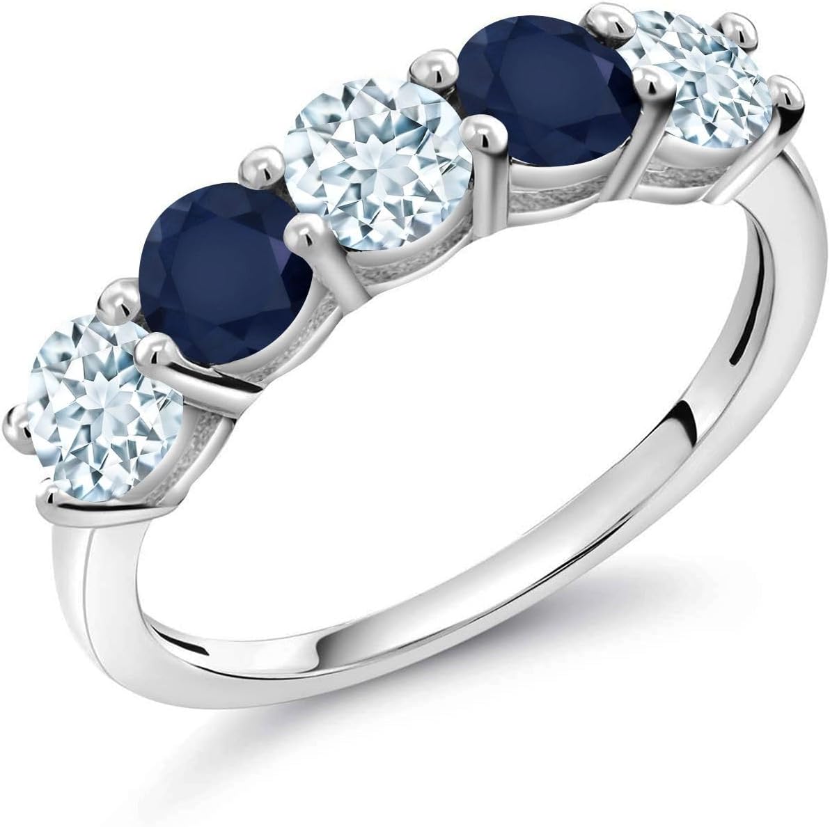 Gem Stone King 1.01 Cttw Sky Blue Aquamarine and Blue Sapphire Wedding Band Ring For Women | 925 Sterling Silver | Round 3.5MM | Gemstone Birthstone | Available In Size 5, 6, 7, 8, 9
