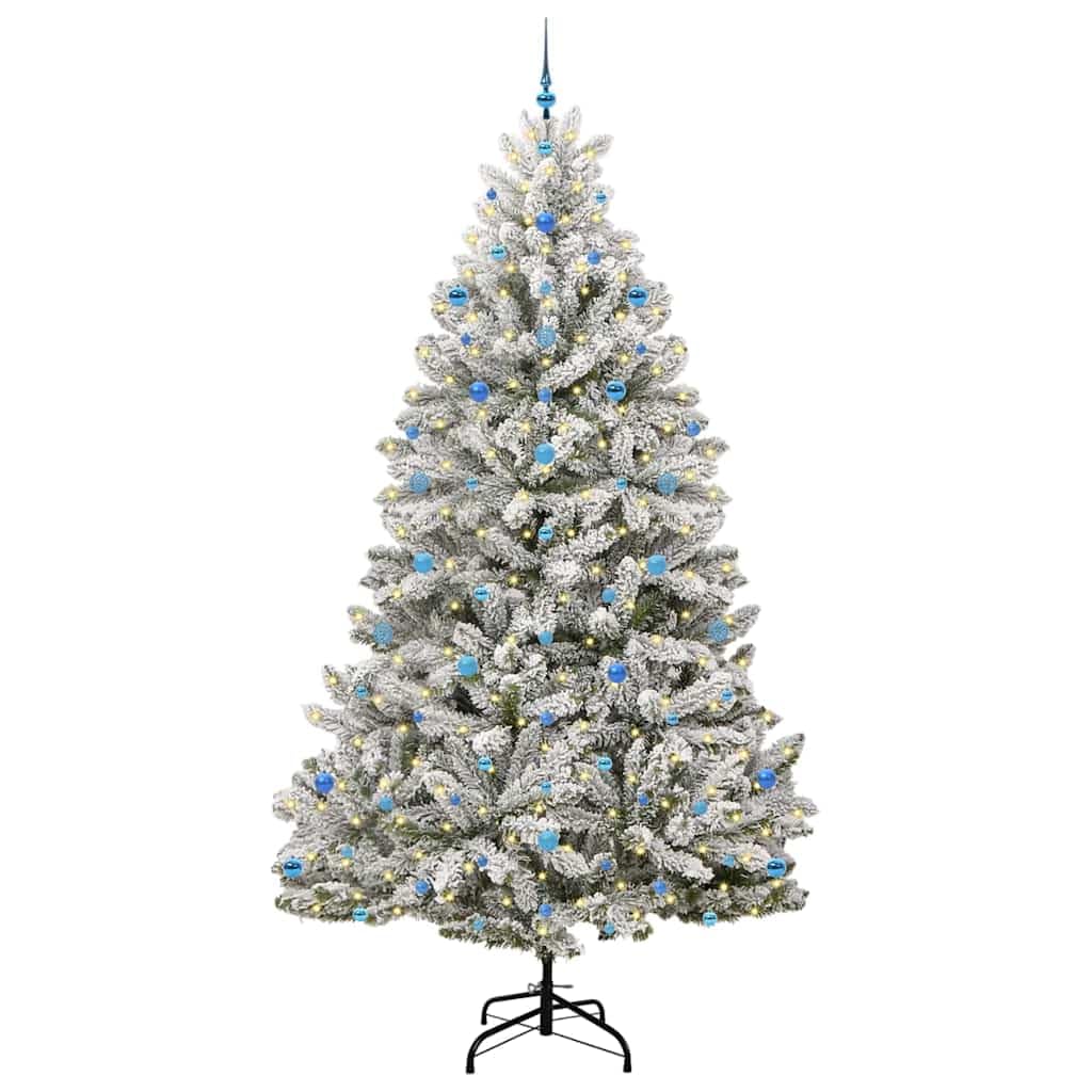 Sztuczna choinka, zielono-biała, 270 cm, metal PCW, wstępnie oświetlona 300 diodami LED o ciepłej białej barwie, łuszczący się śnieg, do wewnątrz i na zewnątrz, w zestawie zestaw bombek