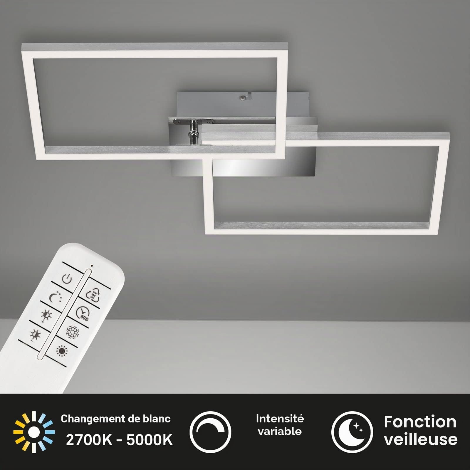 BRILONER - Éclairage plafonnier LED, plafonnier à intensité réglable, télécommandé, incluant une commande pour la température de couleur, chrome et aluminium, 50 x 38,8 x 7,8 cm (LxlxH)