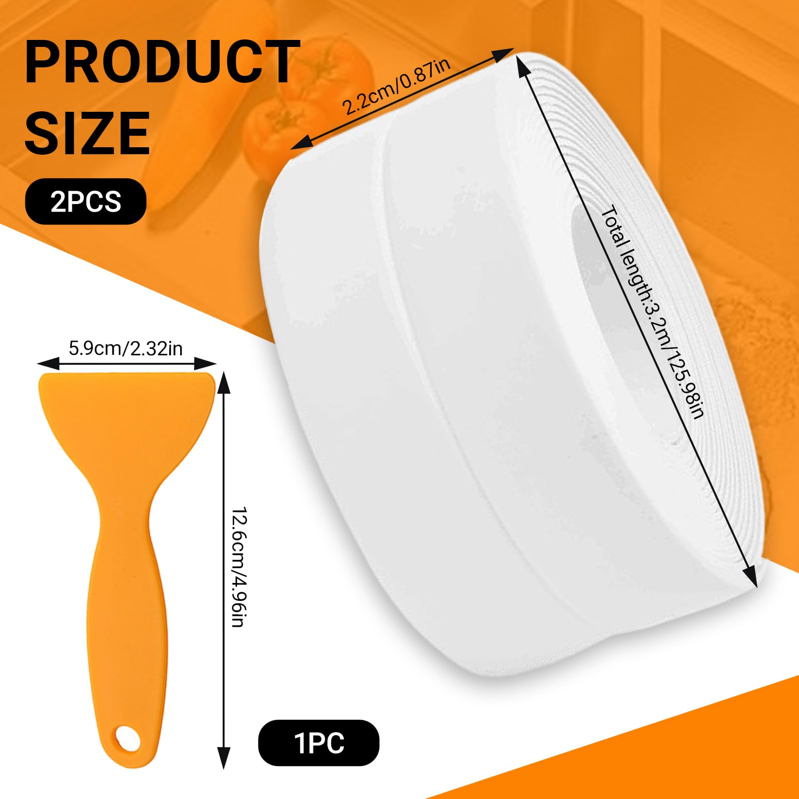 2 Rotoli Nastro Sigillante Autoadesivo, 3,2 m x 2,2 cm, Battiscopa in PVC Morbido, Striscia di Tenuta Impermeabile con Strumento di Tenuta, per Cucina, Bagno, Toilette, Soffitto (Bianco)