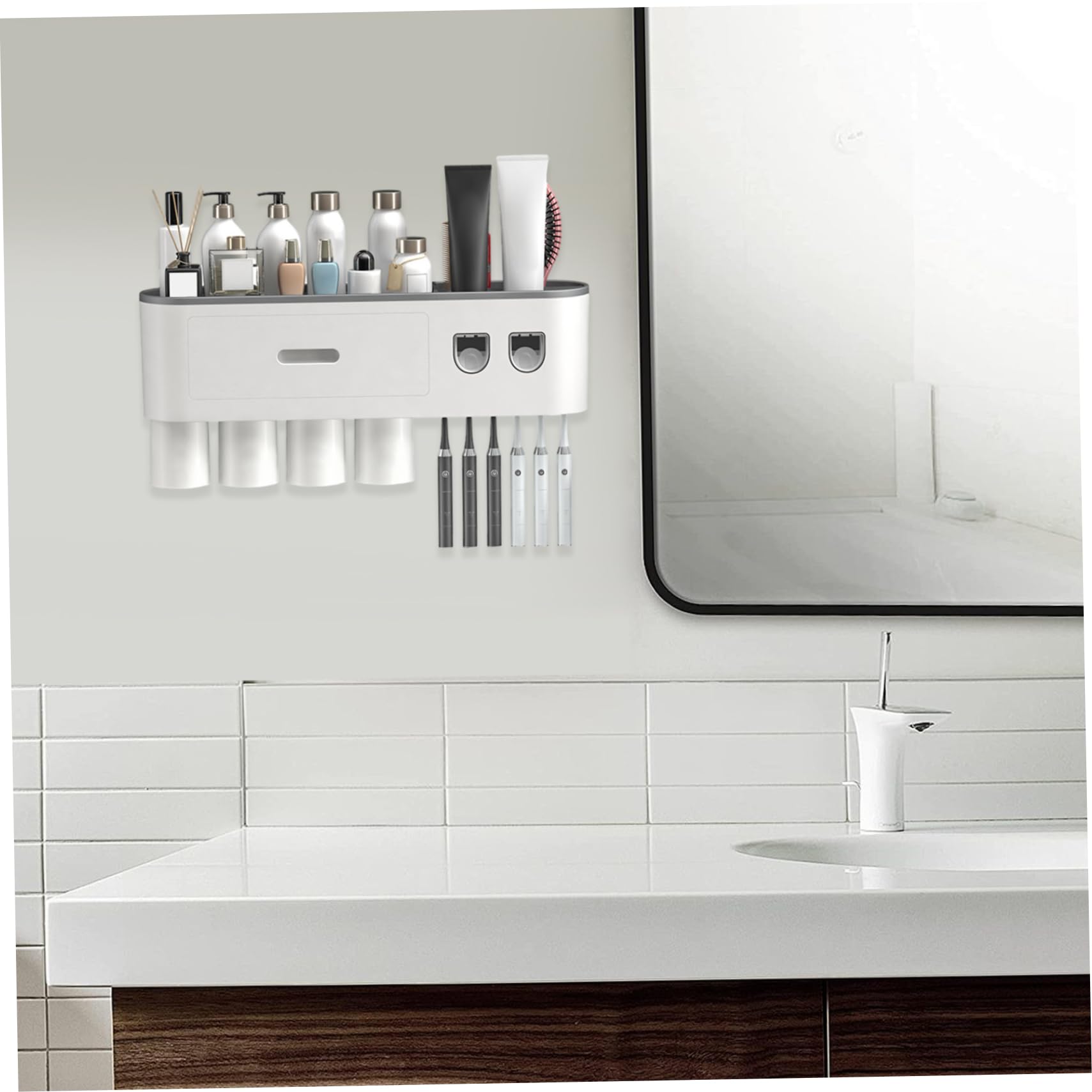 Dispensador automático de Pasta de Dientes con 4 Tazas, Soporte para cepillos de Dientes montado en la Pared, Organizador de baño sin Taladro, Estante de Almacenamiento de ABS Gris..