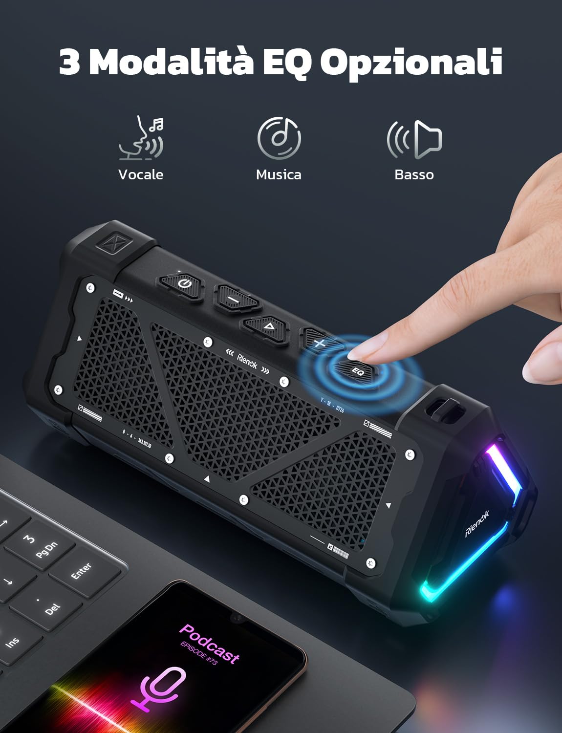 RIENOK S11 Cassa Bluetooth Potente Portatile IPX7 Impermeabile, Modalità Voce/Musica/Basso, Modalità Audio USB, Vero Stereo Senza Fili, Luce LED, Supporta TF, Ricaricabile Tipo-C