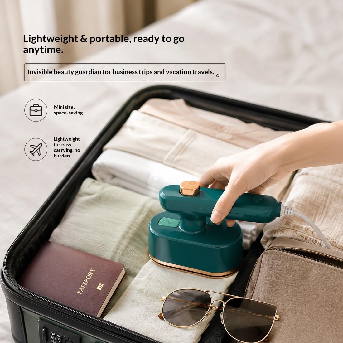 Mini Plancha de Viaje de Vapor - Plancha Vertical Portátil para Ropa con Mango Rotativo a 90° y Suela Antiadherente, Planchado en Seco y Húmedo para Vacaciones, Costura y Manualidades (White+Green,EU)